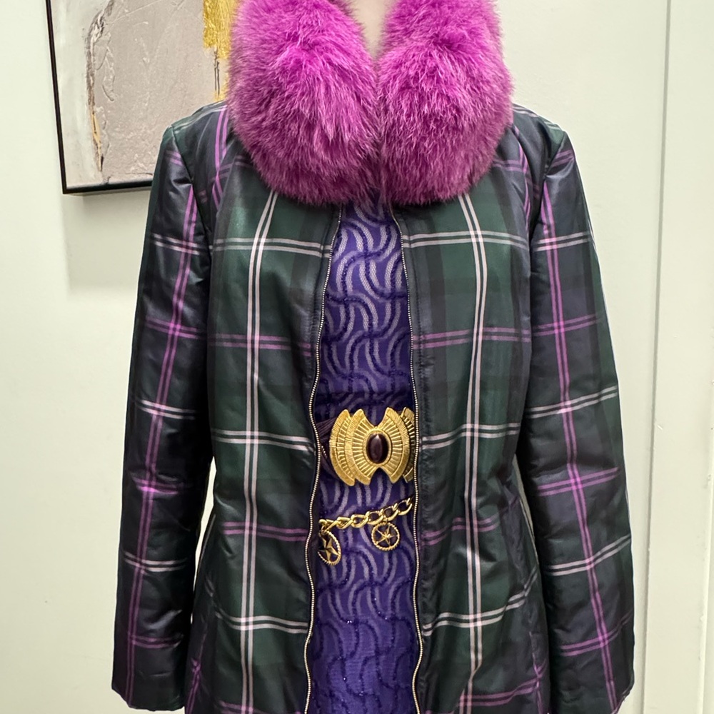 Escada Plaid Jacket with Purple Fox Fur Collar